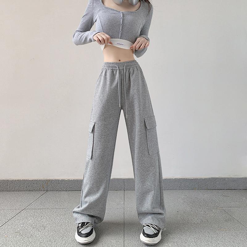 Grey Work Pants, Women's Winter Casual Sports Pants, Loose and Plush Wide Leg Pants for Women