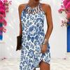 Women Plus Size Yellow Blue Floral Printed Criss Cross Cutout Neck Sleeveless Fitted Curved Hem Dress