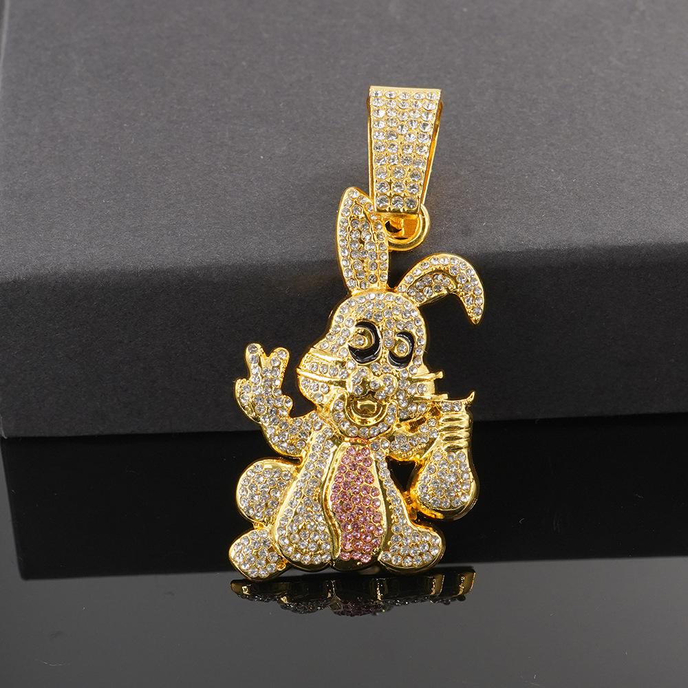 Hip-hop style personality diamond-encrusted dripping oil cartoon rabbit pendant Cuban chain necklace hipster wear fashion necklace accessories