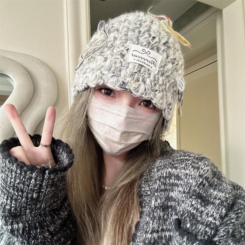 New Colorful Knitted Pullover Hat Women's Autumn and Winter Japanese Sweet and Versatile Bow Warm Woolen Hat