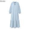 ZANZEA Autumn Womens V Neck Puff Sleeve Maxi Dress Casual Loose Solid Color Tiered Long Dresses