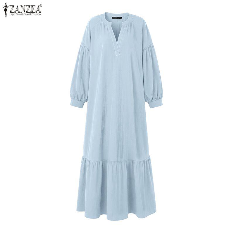 ZANZEA Autumn Womens V Neck Puff Sleeve Maxi Dress Casual Loose Solid Color Tiered Long Dresses