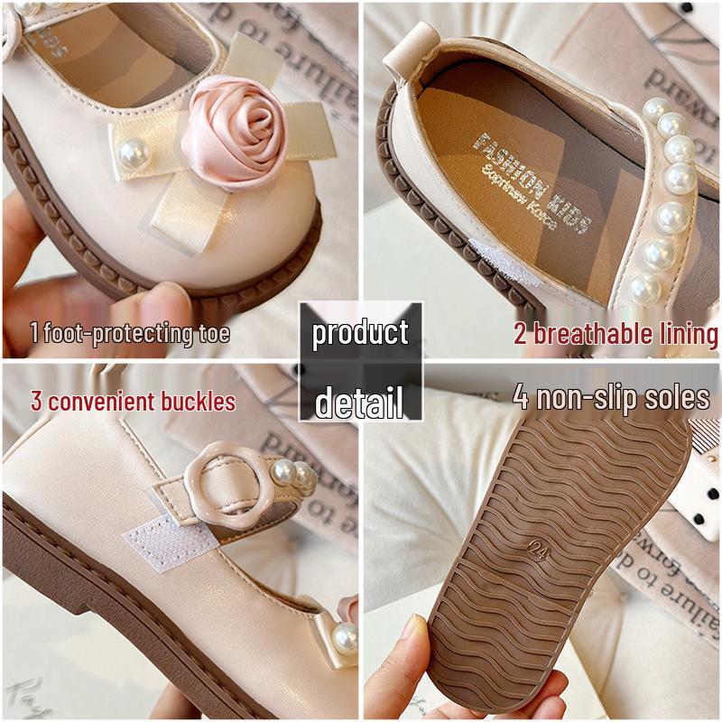 Children's Rose Floral Pearl Mary Jane Shoes - Non-slip, Stylish Spring/Autumn Leather Princess Shoes
