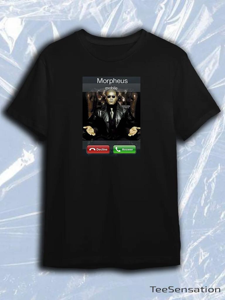 TeeSensation Black Crew Neck Short Sleeve T-Shirt with Morpheus Incoming Call Phone Screen Decline Answer Buttons Print