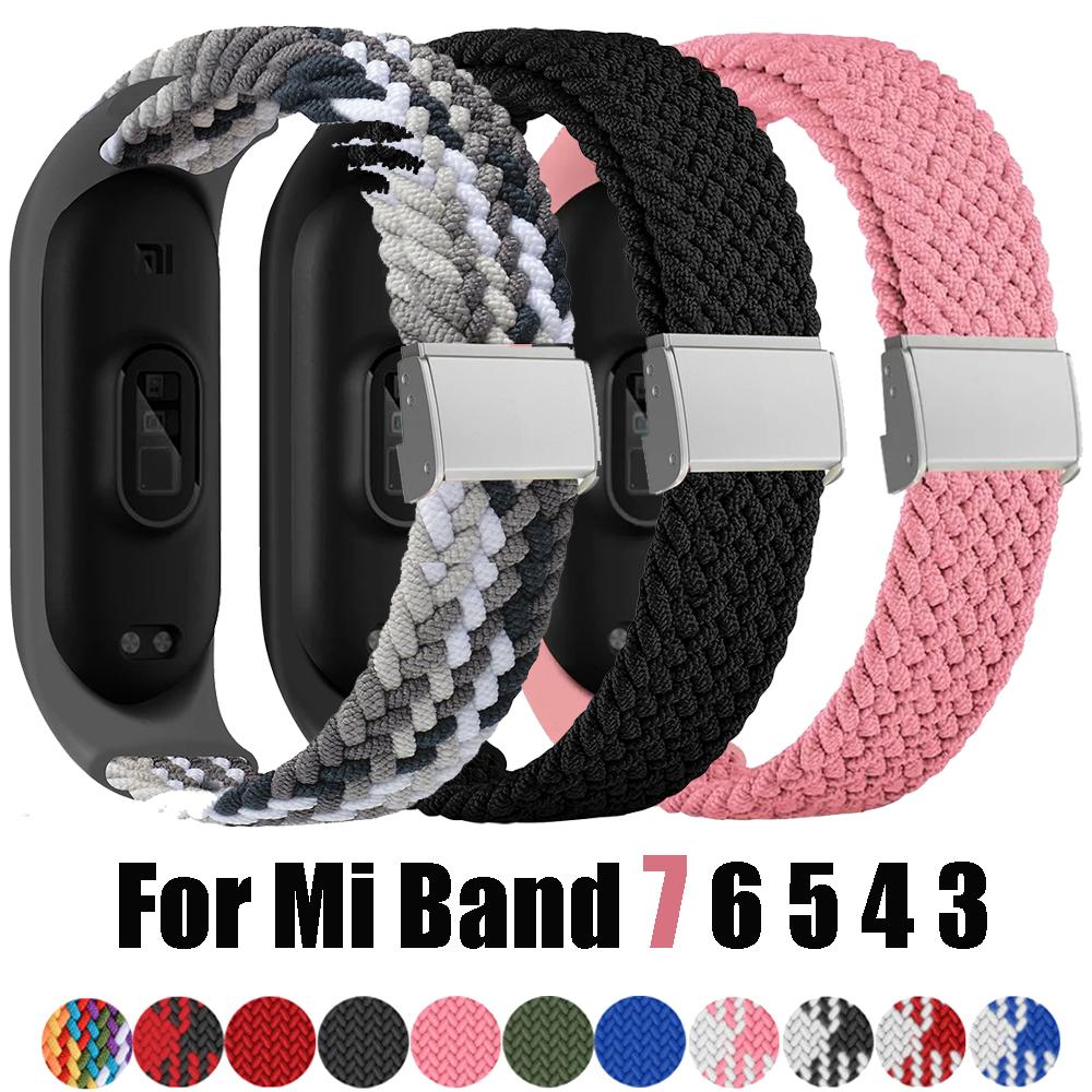 Nylon Braided Strap For Mi Band 7 6 5 Stainless Steel Buckle Elastic Adjustable Bracelet Band for Xiaomi Miband 4 3 5 6