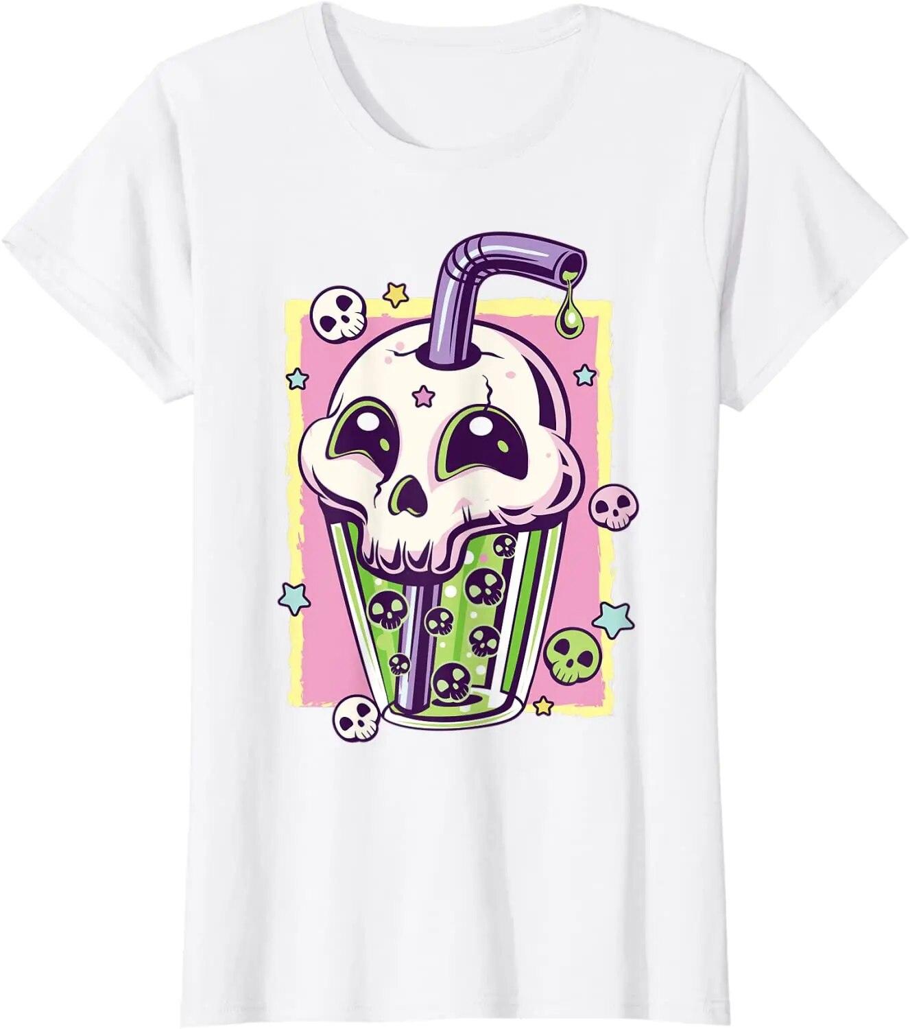 

Kawaii Pastel Goth Creepy Skull Boba Bubble Tea Vaporwave футболка женская унисекс Harajuku эстетические топы унисекс большого размера 3XL