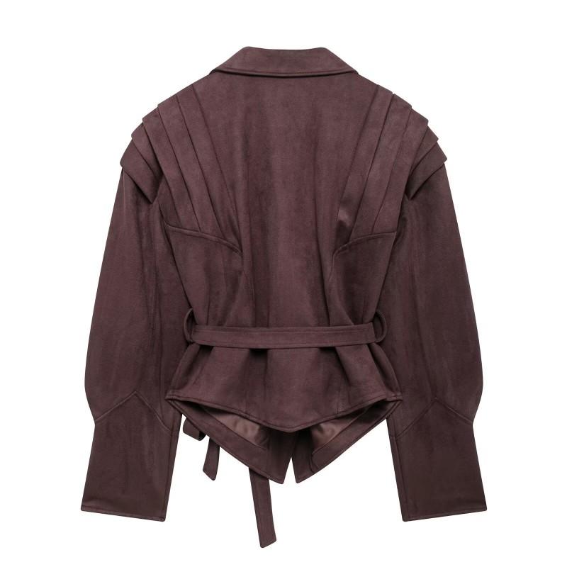Womens Vintage Suede Jacket Slim Fit Lace Up Waist Casual Street Style Outerwear