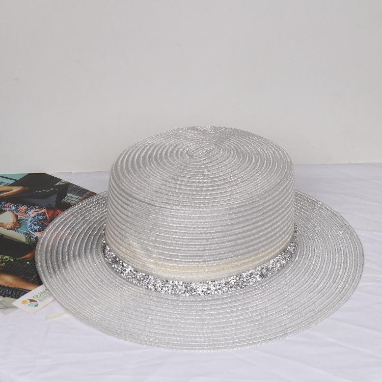 Silver Wire Braided Flat Top Straw Sun Hat With Wide Brim Diamond Waist Cover Light Luxury Summer High-End Sun Protection