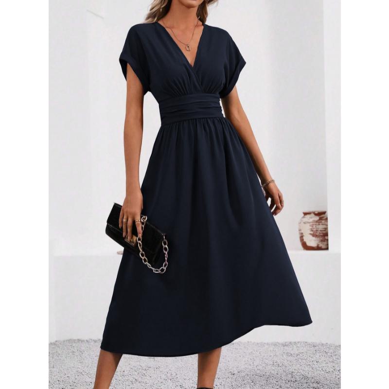 New Women's Elegant Solid Color Batwing Sleeve Maxi Dress, Overlap V-Neck Waist Pleated Long Dress for Summer Casual & Formal Occasions