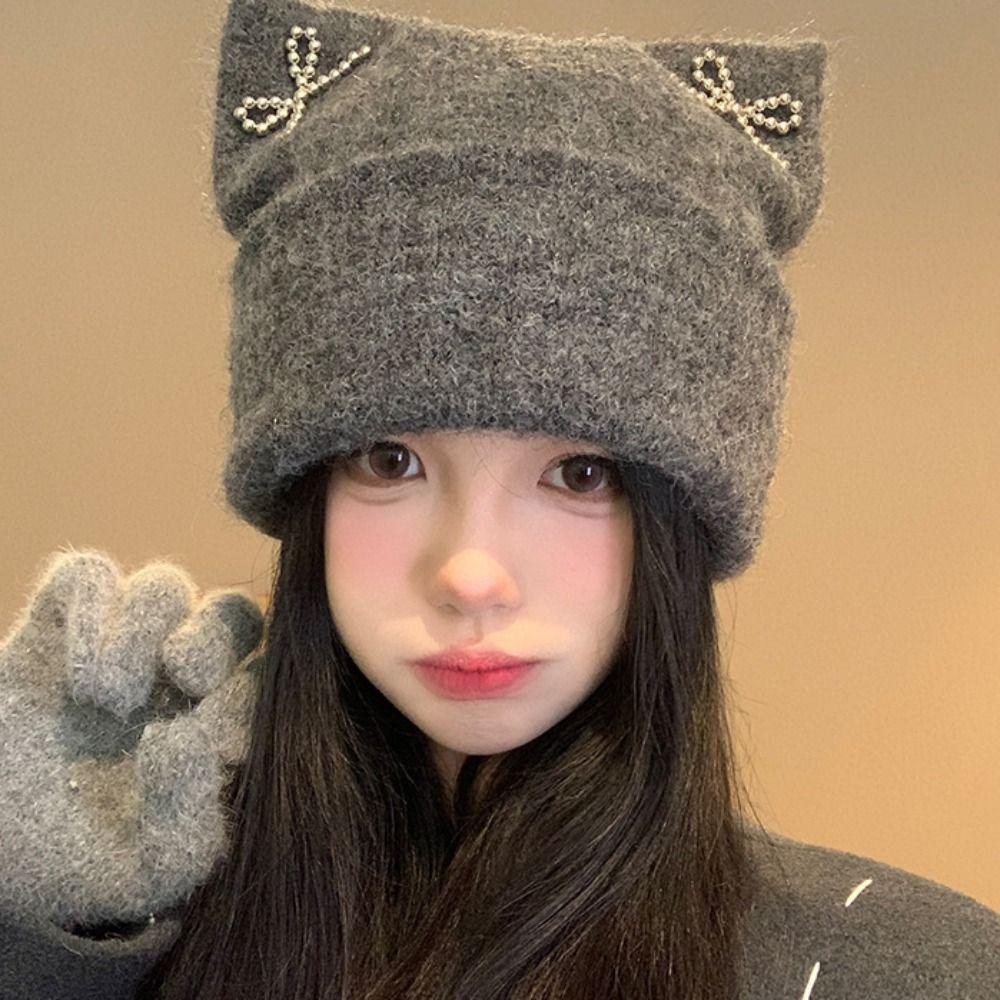 Bow Knitted Pullover Hat Fluffy Winter Wool Hat Keep Warm Cat Ears Beanie Hat  Girls