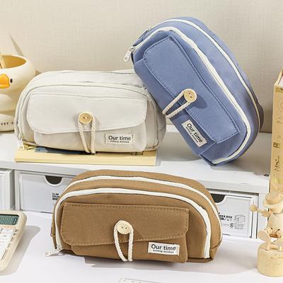 Cute  Button Pencil Case Simple Canvas Pencil Pouch Large Capacity Stationery Storage Bag Solid Color Pencil Case Gifts