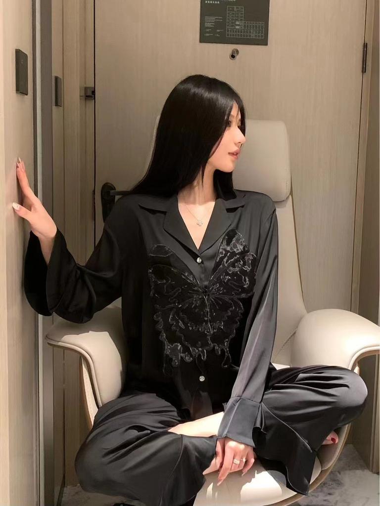 Sexy pajamas women's ice silk butterfly long-sleeved trousers, new models can be worn outside, solid color silk loungewear
