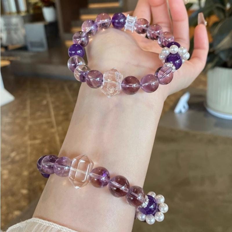 Natural Uruguayan Amethyst Bracelet with Design Elements, White Crystal Bead Bracelet for Women, High-End Authentic Jewelry Gift
