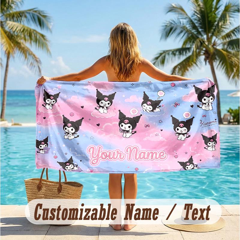 Custom Text Beach Towel, Soft Absorbent Swimming Multi-use TowelKuromi