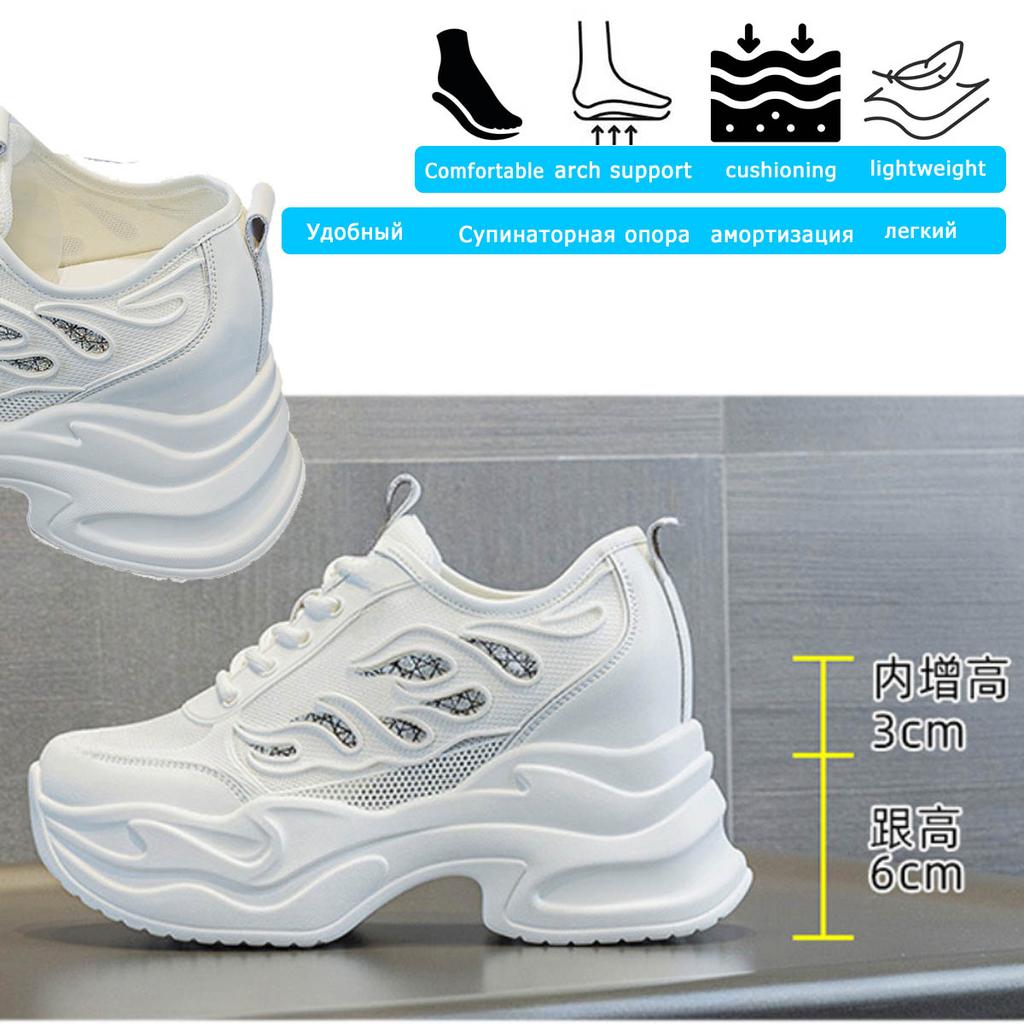 Koznoy 9cm Air Mesh Microfiber Genuine Leather Summer Platform Sneakers Vulcanize Breathable High Brand Casual Women Shoes Lady