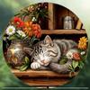 Hisun Tin Sign Vintage Sleeping Tabby Cat  Flowers Round Tin Sign Retro Cozy Cottagecore Themed Metal Wall Art Plaque Waterproof Rustic Iron