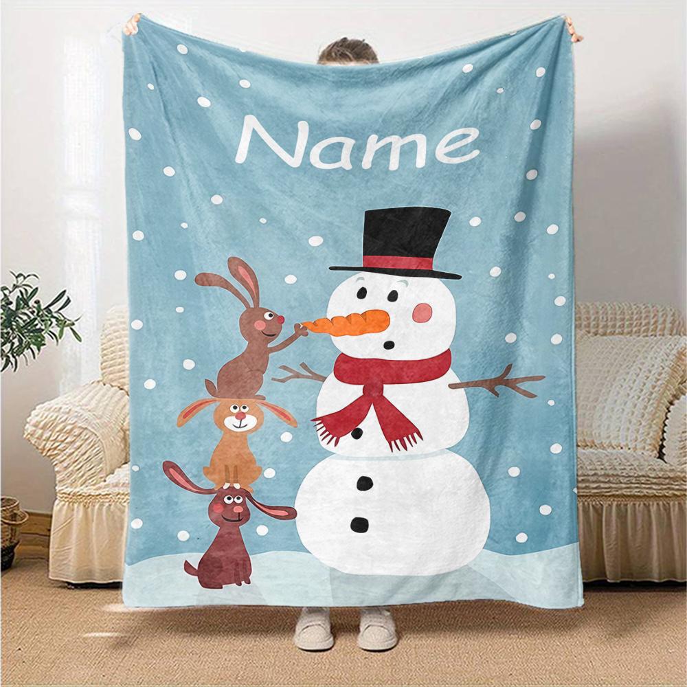 Custom Name Christmas Snowman Theme Printed Blanket - Perfect for Couch, Bed, Travel & Outdoor Use | Machine Washable, Cozy & Durable.