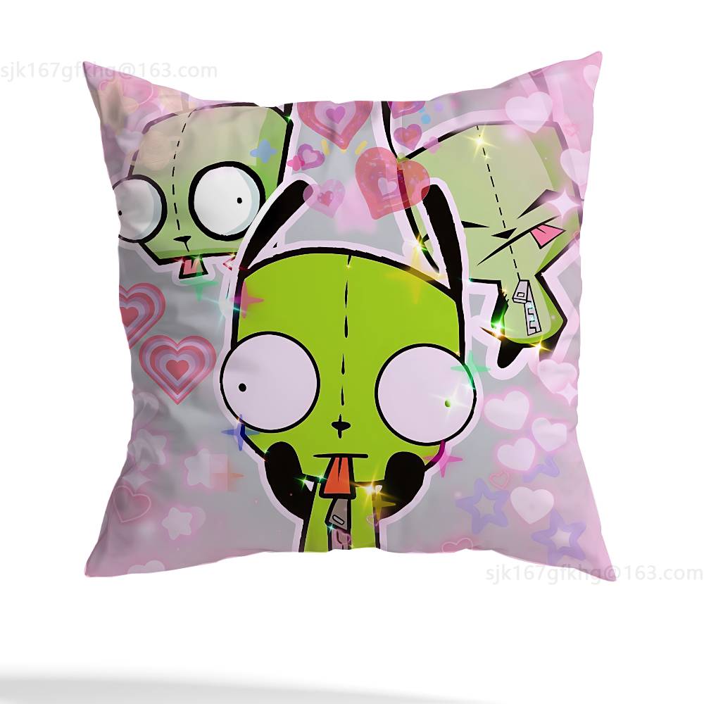 Green Invader ZIM Pillow Case Square Double-Sided Printing Short Plush Sofa Cushion Cover Bedroom Bedside Pillow