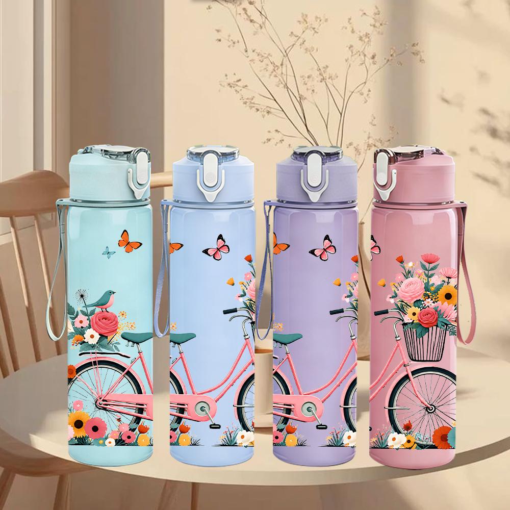 1PC Floral Bike Butterfly 750ml Color Plastic Sports Water Bottle Leakproof Flip Straw Lid Suitable for Sports Office Home Use