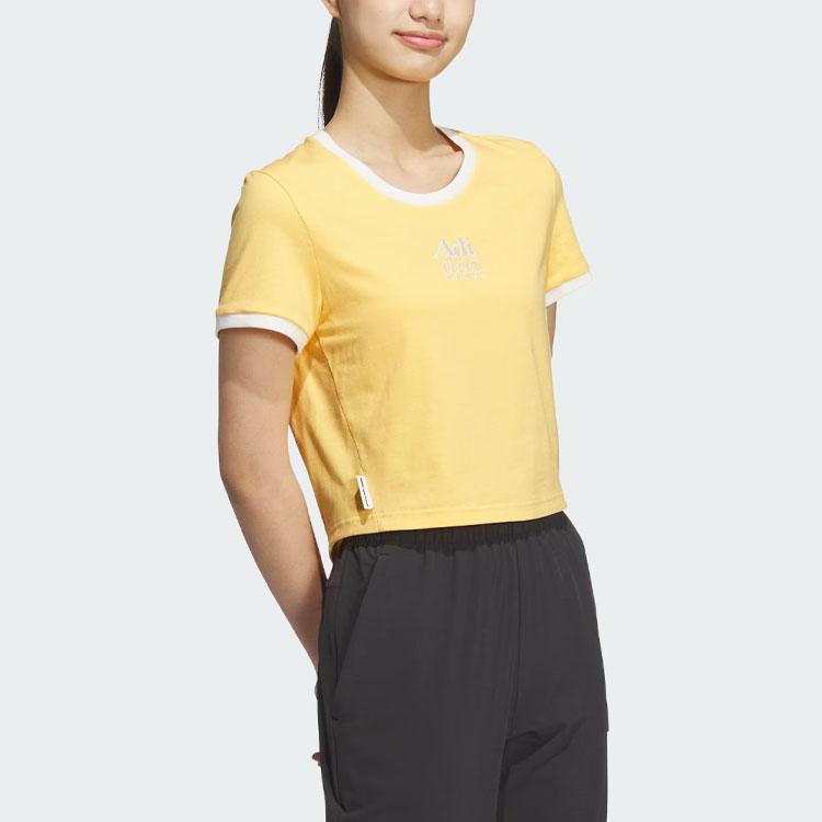 Adidas Small Logo Print Spliced Sports Casual Short Sleeve Tee Women Tops Apricot-Yellow JI6879