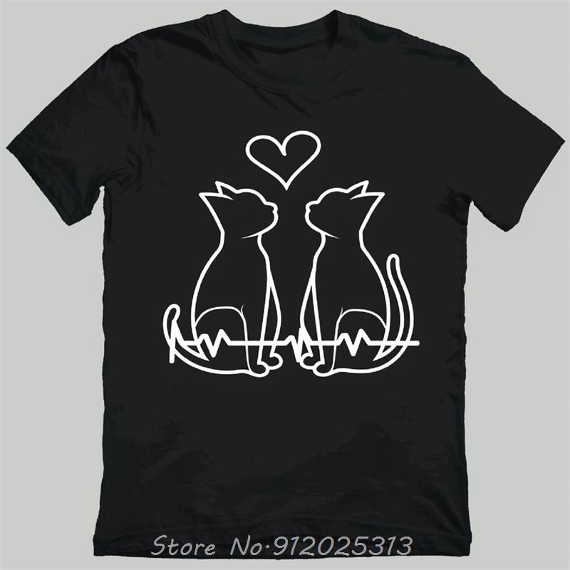 Lovers Gift Cuddly Cats In Love Black Tee With Heart Design Cat Lovers Favorite Shirts For Unisex Oneck Clothing Anime Tshirt