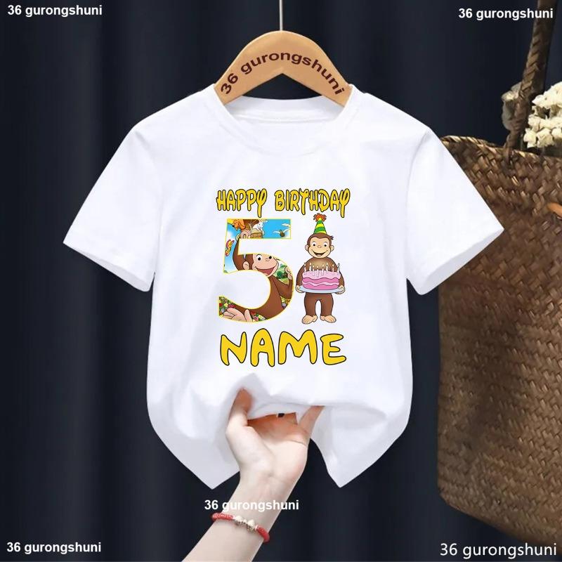 Curious George Cute Monkey Print Cartoon Boys Clothes 1 2 3 4 5 6 7 8 9 Years Birthday Number Kids T Shirt Baby Girls T-Shirts