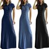 Maxi abito in denim stile europeo americano, casual, con colletto a camicia, gonna svasata con tasche a fessura