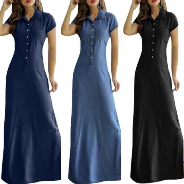 Maxi abito in denim stile europeo americano, casual, con colletto a camicia, gonna svasata con tasche a fessura