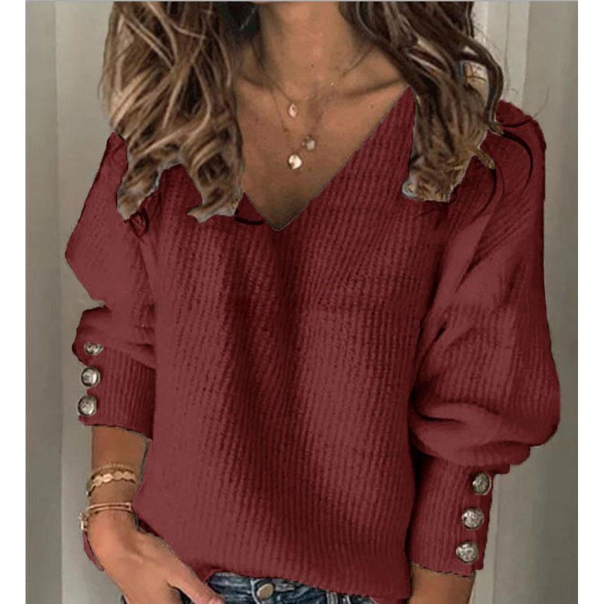 Women's Casual Sweater Pullover Autumn And Winter Loose Solid Color V-neck Knitted Sweater Tops