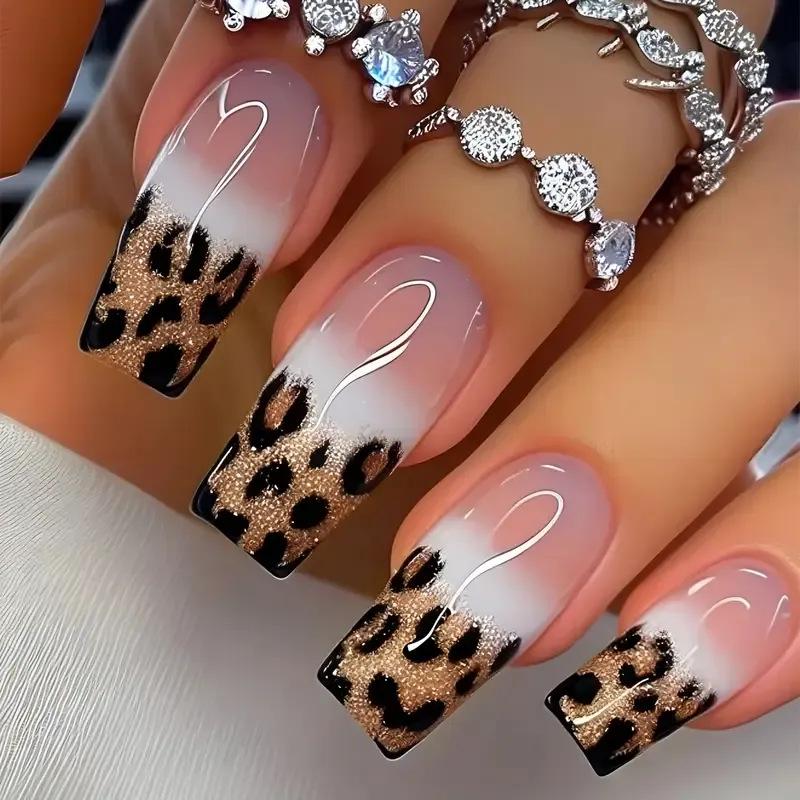 European-American Gradient Leopard Print Nail Art Set - 24 Pieces, Medium-Length, Trendy Spicy Girl Style.