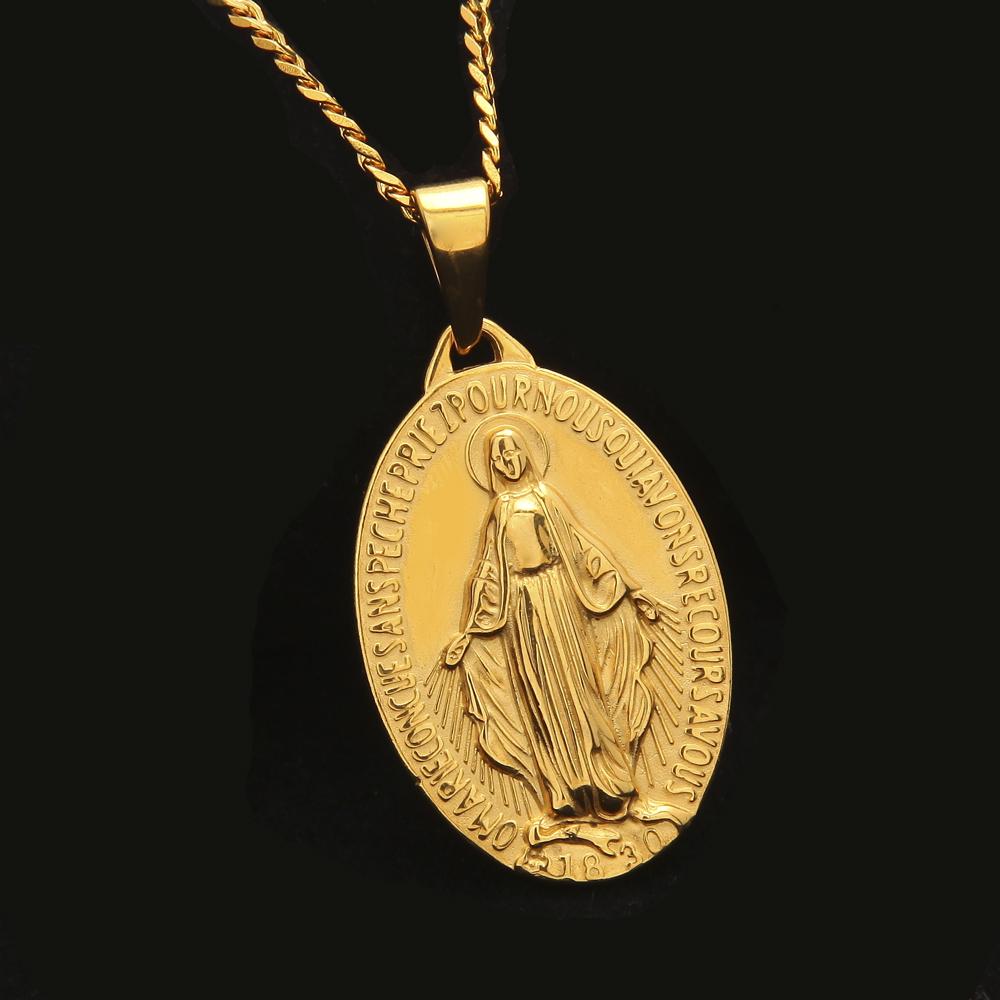 Stainless Steel Necklace Punk Women Men Fashion Gold Color Chains Virgin Mary Pendant Cross Medallion Religious Jewelry
