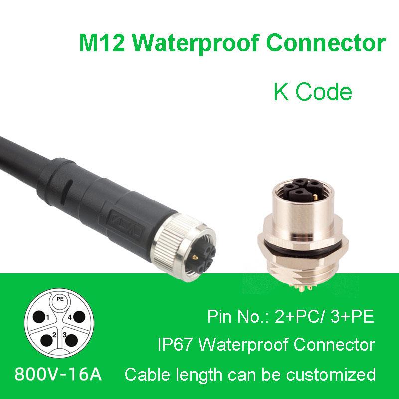 1m M12 Encoder Connector 2Pin 3Pin 4Pin 2+PE 3+PE 12A Power Signal Adapter K Code Aviation Male Female Plug Socket Panel Mount