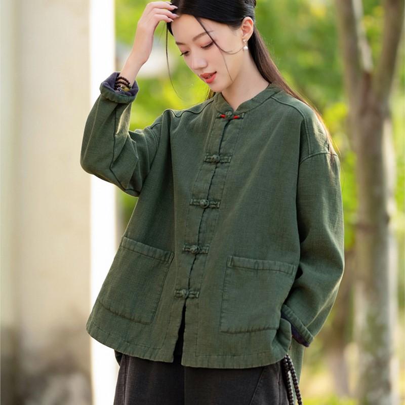 Johnature Damen Wintermantel im chinesischen Stil mit langen Ärmeln und Plüsch-Warmmänteln