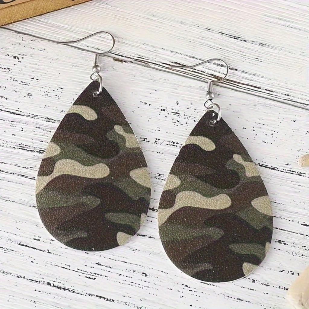 1 Paar Retro-Stil Camouflage und Leopardenmuster Kunstleder Tropfenohrringe - Leicht, Geeignet für Freizeitkleidung oder als Geschenk