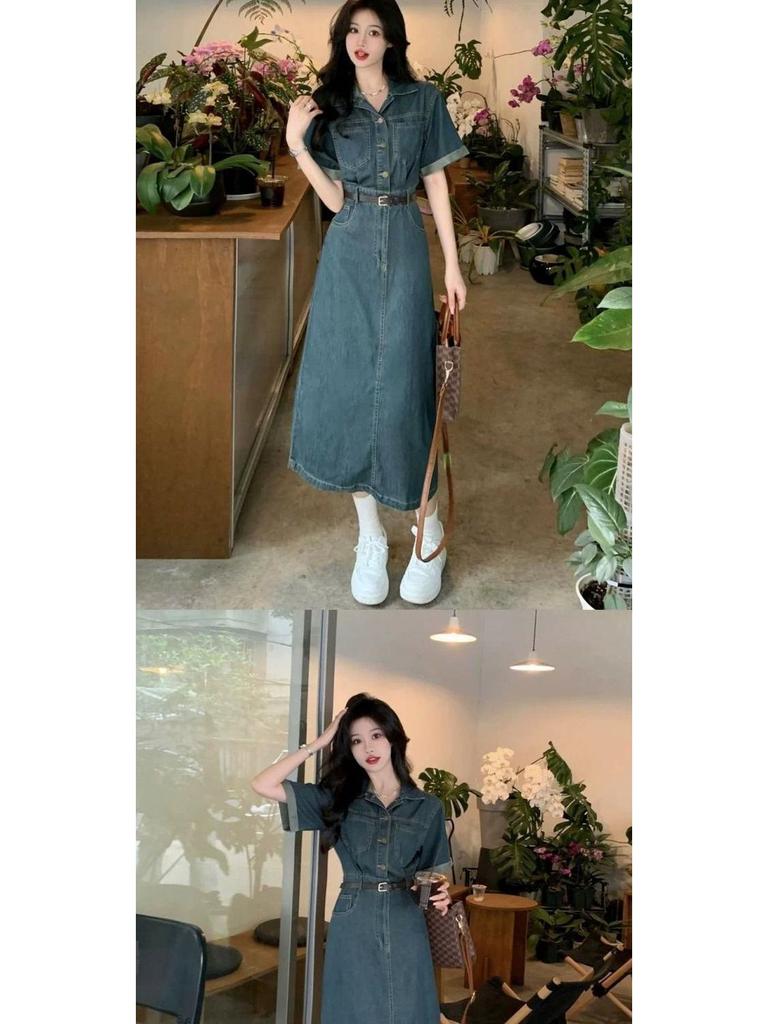 Women's Chic Hong Kong Style Retro Polo Collar Denim Dress - Slim-Fit, Waist-Cinching, Short Sleeve, Mid-Length A-Line Skirt, Summer Collection
