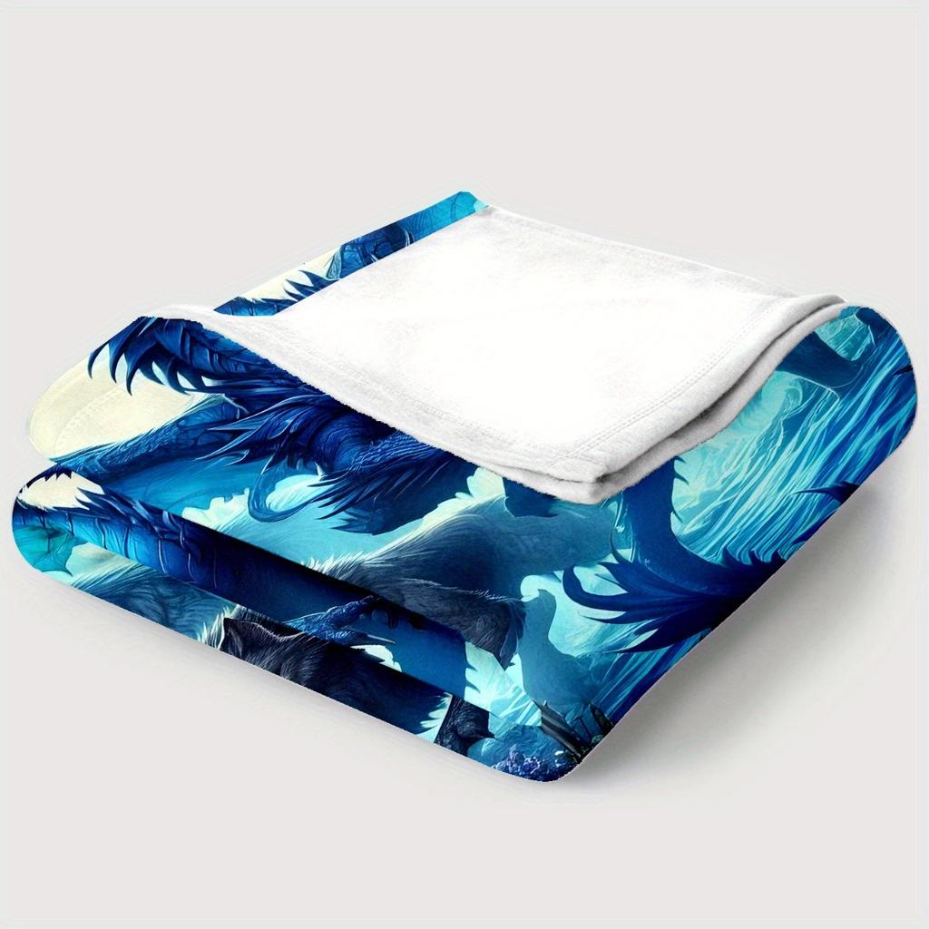 Dragon and Wolves Scene HD Printed Blanket, Soft and Warm Flannel Blanket for Travel, Camping, Sofa, Living Room, Couch, Chair,