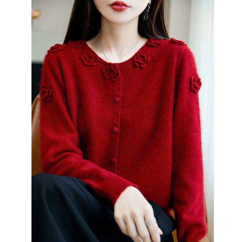 100% Wool Women's Hand-Crocheted Round Neck Cardigan - Nine Roses Sweater Coat for Autumn/Winter