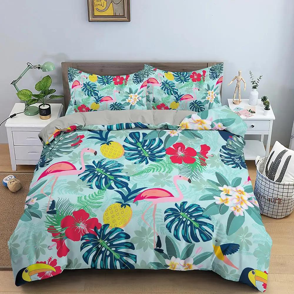 Flamingo Duvet Cover Set Purple Tropical Botanical Bedding Set Coral Flamingo Soft Breathable Queen King Polyester Quilt Cover