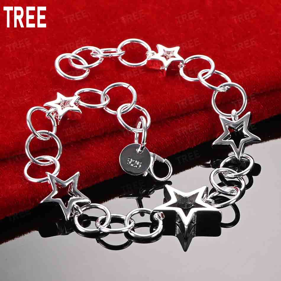 925 Sterling Silver Star Connected Side Chain Beautiful Bracelet Gift Jewelry 20CM