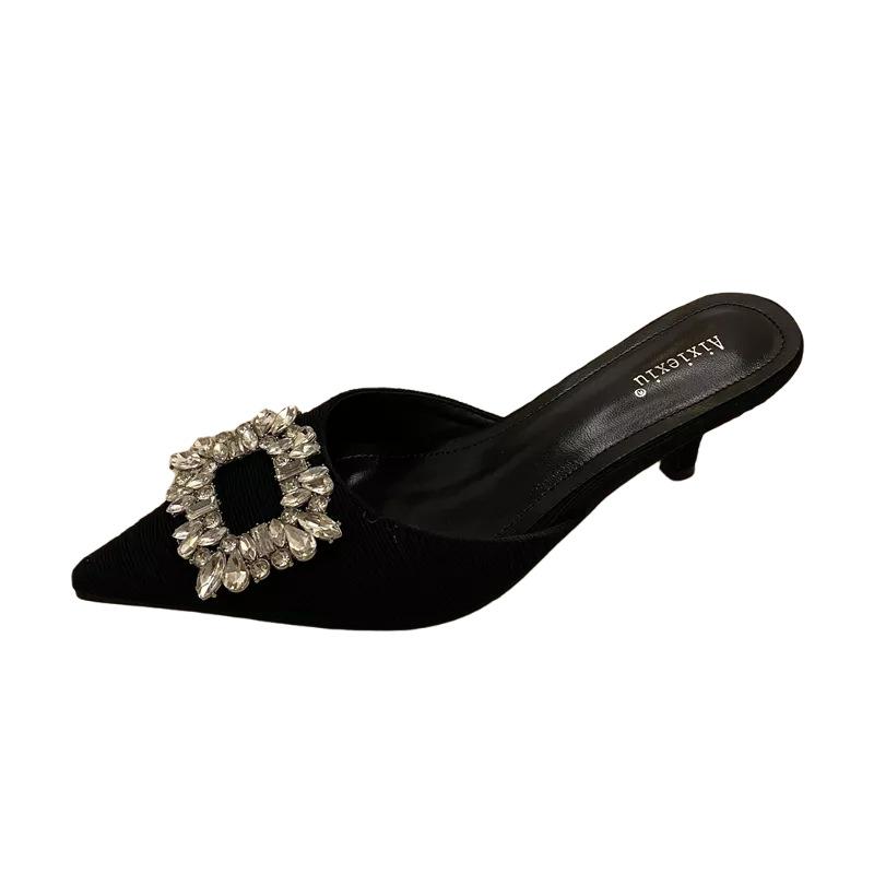 Spring and summer square buckle rhinestone bag head, empty cool slippers, pointed thin heels, high heels, single shoes, half slippers