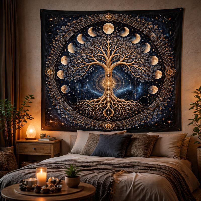 Tree of Life and Moon Phases Tapestry Wall Hanging Gold Starry Boho Mystical Celestial Aesthetic Wall Art Bedroom Decor