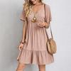 2026Summer Women's Loose Casual Short-sleeve Dress In Solid Color V Collar Dress