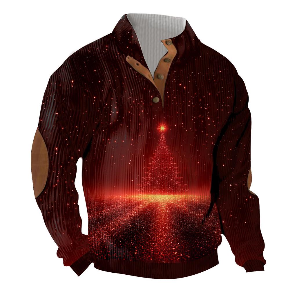 Weihnachtsdruck 3-Knopf - Herren-Sweatshirt mit Stehkragen, lässiger Outdoor-Kapuzenpullover mit Schnalle