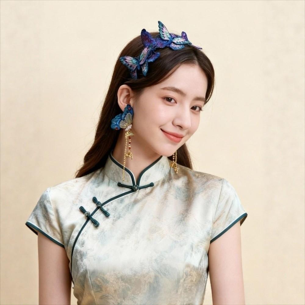 Elegant Shark Jaw Clip Chinese Style Handmade Embroidered Butterfly Hair Clip Tassel Design Retro Barrette Headband