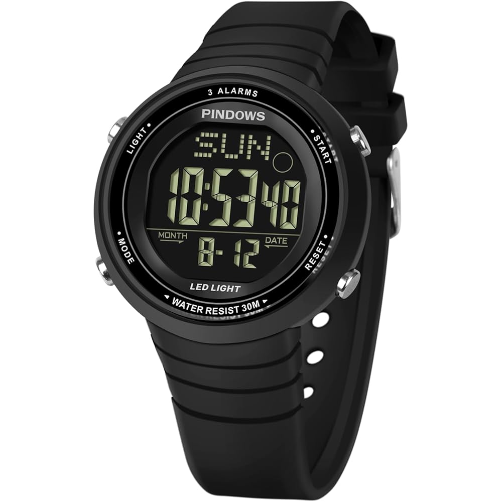 PINDOWS Women's Digital Sports Watch 30m Waterproof LED Backlight 3 Alarms Stopwatch Countdown Timer
