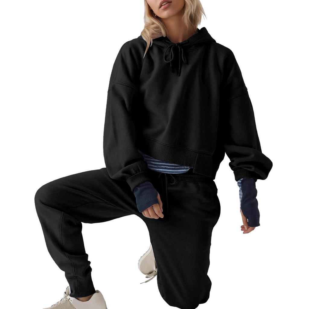 Women's Fashion Solid Color Hooded Sweatshirt And Sweatpants Two-Piece Casual Set