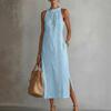 Vestito estivo da donna senza maniche con girocollo, tunica, vestito canotta, casual, ampio, boho, da spiaggia, con spacco laterale, abito estivo