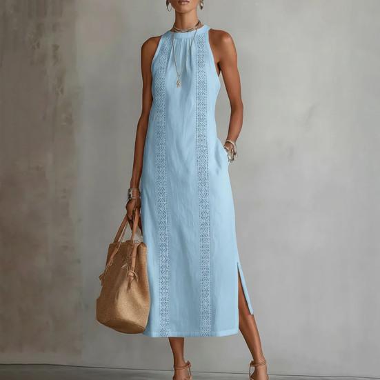 Vestito estivo da donna senza maniche con girocollo, tunica, vestito canotta, casual, ampio, boho, da spiaggia, con spacco laterale, abito estivo