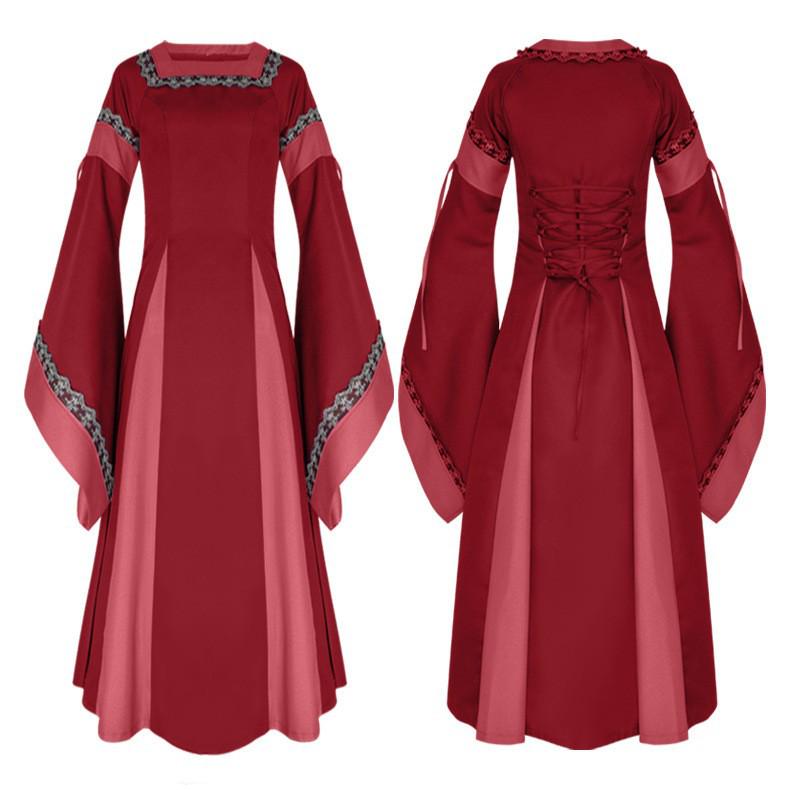 Rochie coadă de rândunică retro cu rever, multicoloră, medievală, pentru femei, cu tiv neregulat