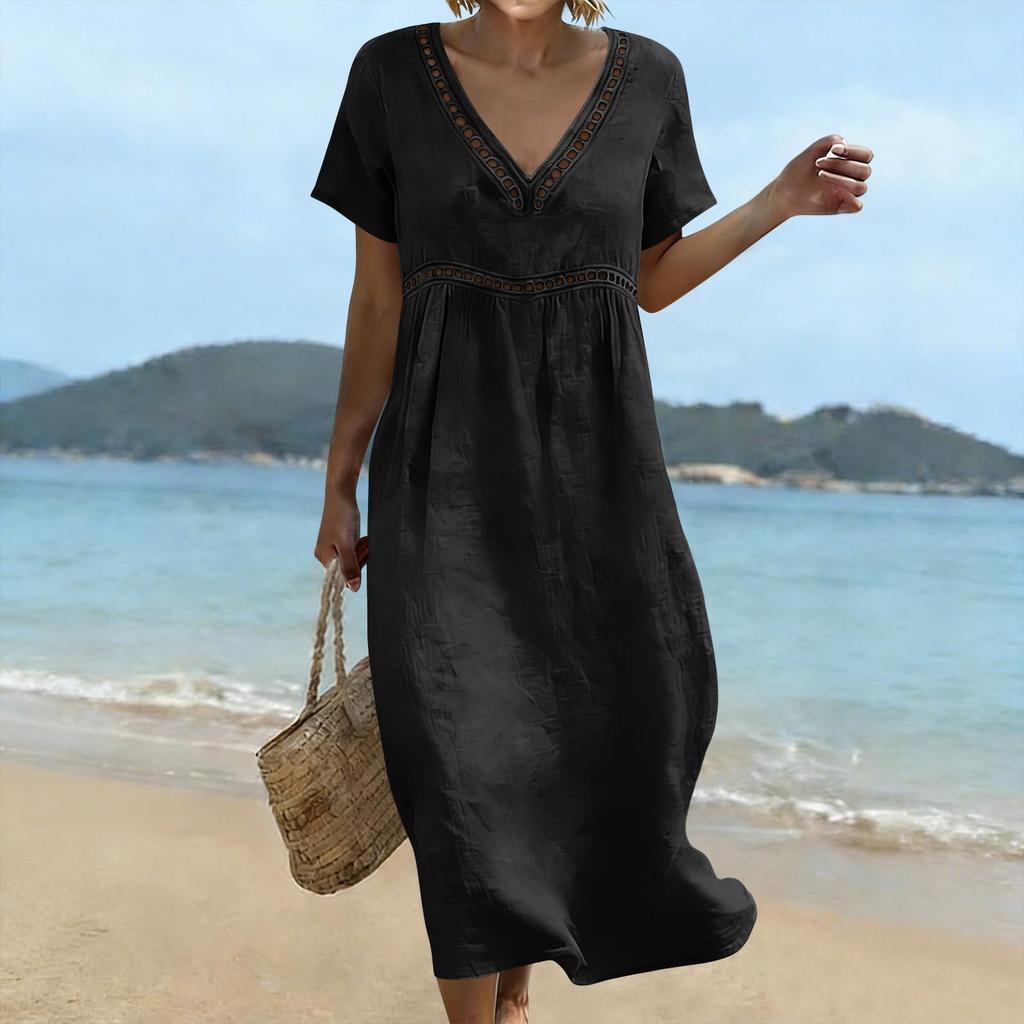 Women’s Summer V Neck Short Sleeve Cotton Linen Dress Hollow Lace Trim Loose Fit Midi Casual Dress for Daily Wear